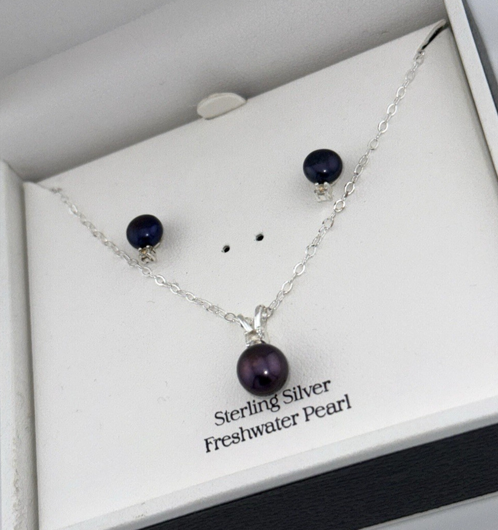Freshwater Pearl 6-7mm Sapphire 1/2ct Necklace + Earrings Set Sterling Silver